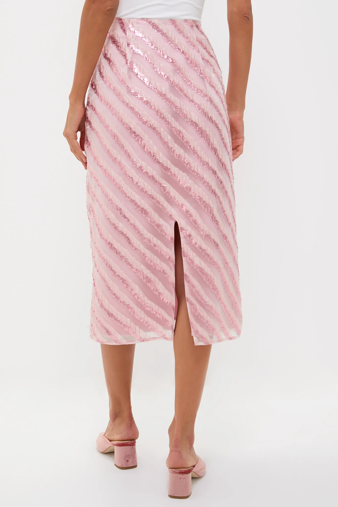Soft Pink Shimmer Stripes Milan Midi Skirt - Image 4