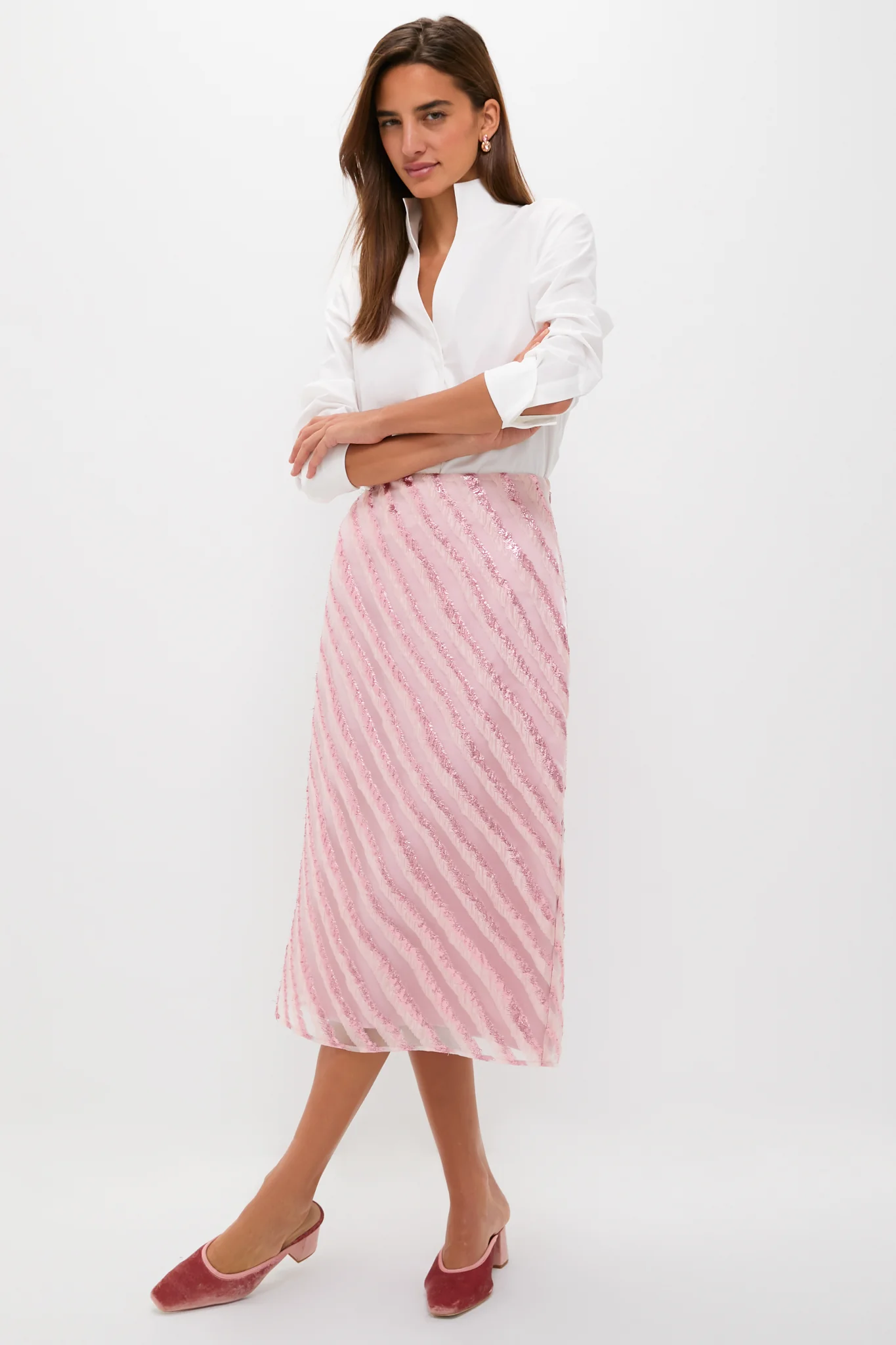 Soft Pink Shimmer Stripes Milan Midi Skirt - Image 6