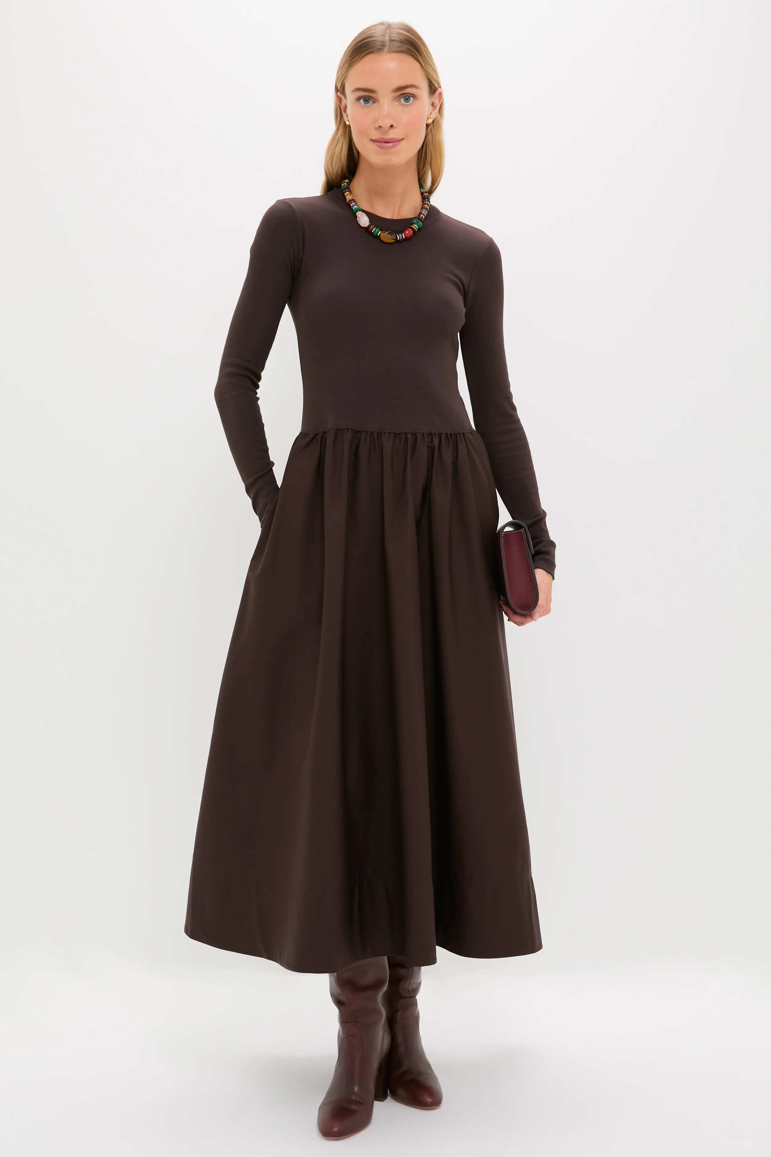 Squire Brown Rib Knit Crew Neck Long Sleeve A-Line Dress - Image 2