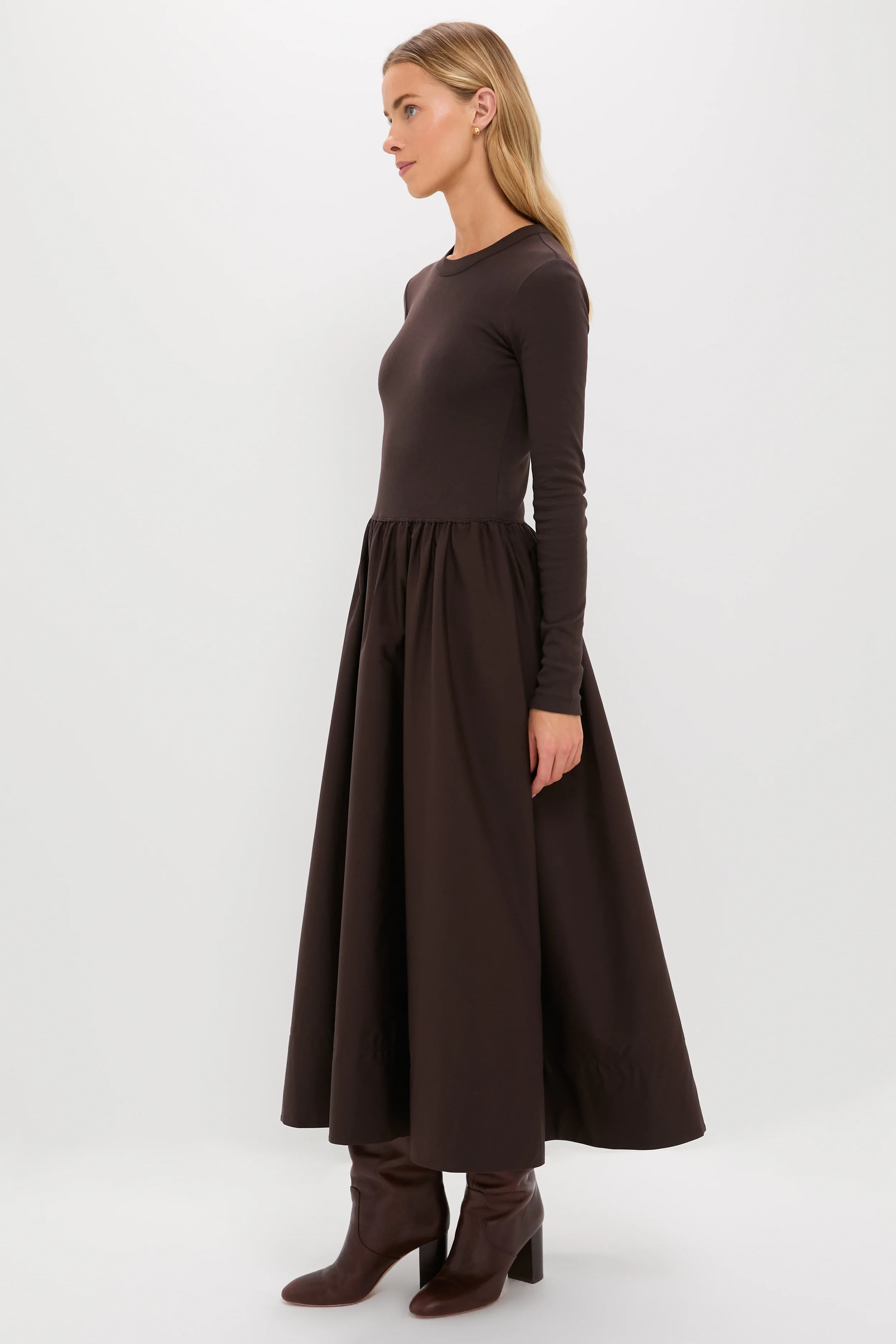Squire Brown Rib Knit Crew Neck Long Sleeve A-Line Dress - Image 3