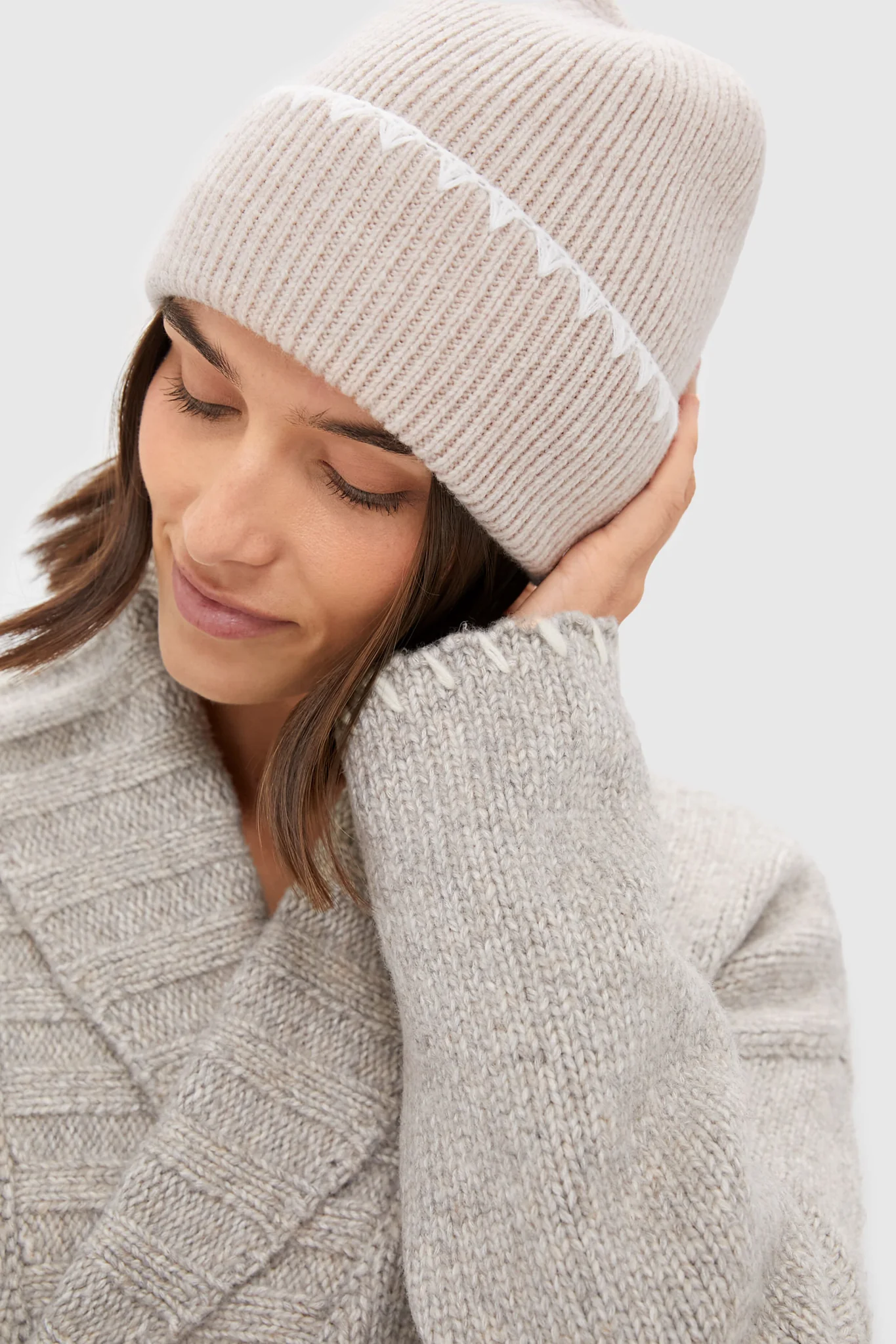 Tan Blanket Stitch Winter Hat - Image 2