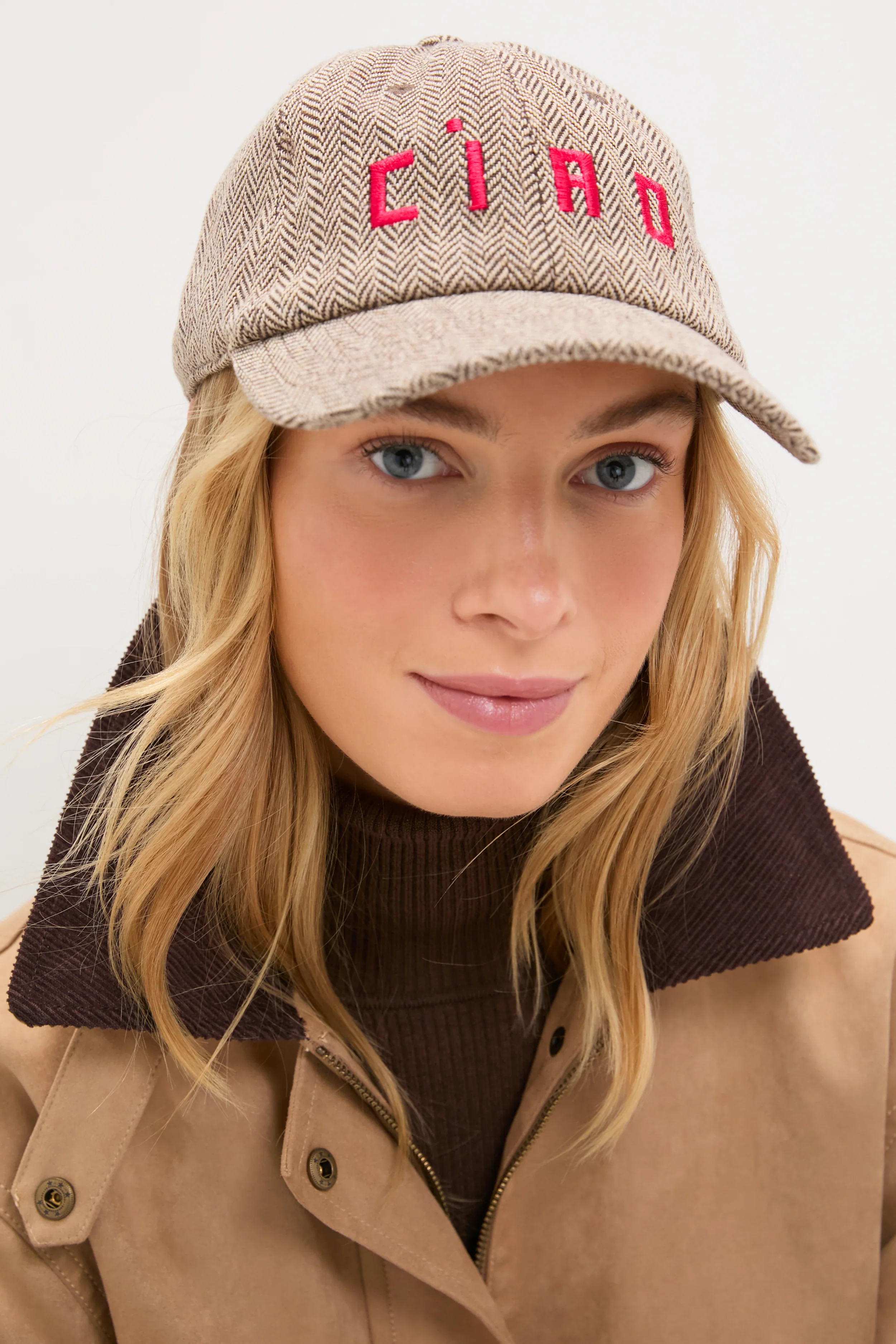 Taupe with Red Embroidered Ciao Wool Baseball Hat - Image 2