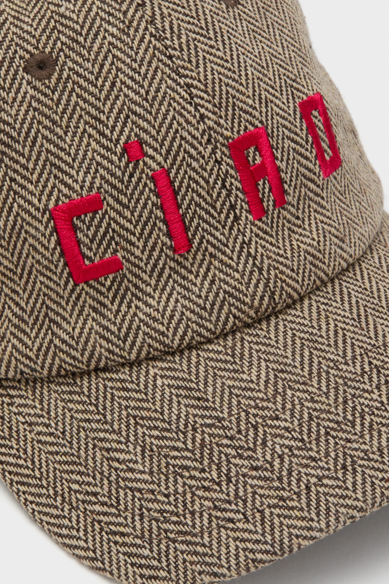 Taupe with Red Embroidered Ciao Wool Baseball Hat - Image 5
