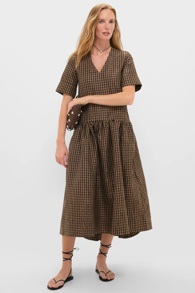 Tobacco Brown Crinkled Taffeta Check Long Dress - Image 2