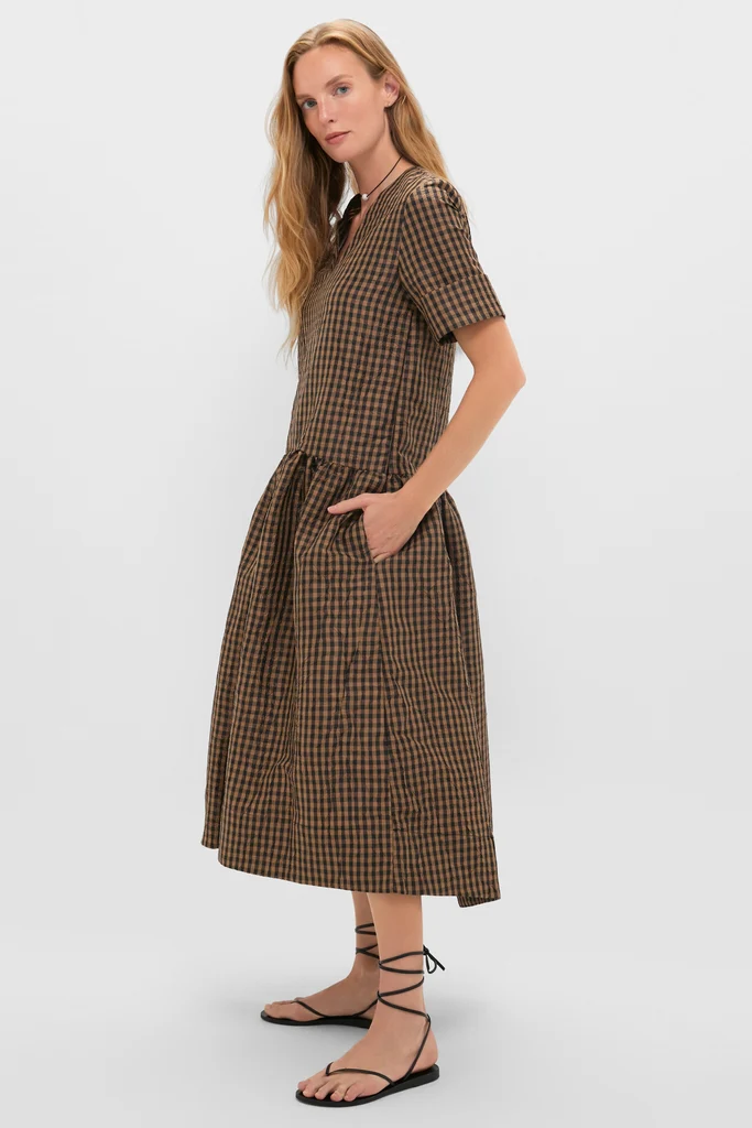Tobacco Brown Crinkled Taffeta Check Long Dress - Image 3