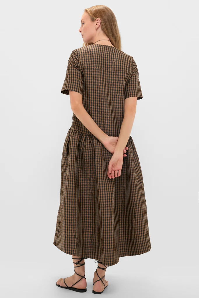 Tobacco Brown Crinkled Taffeta Check Long Dress - Image 4