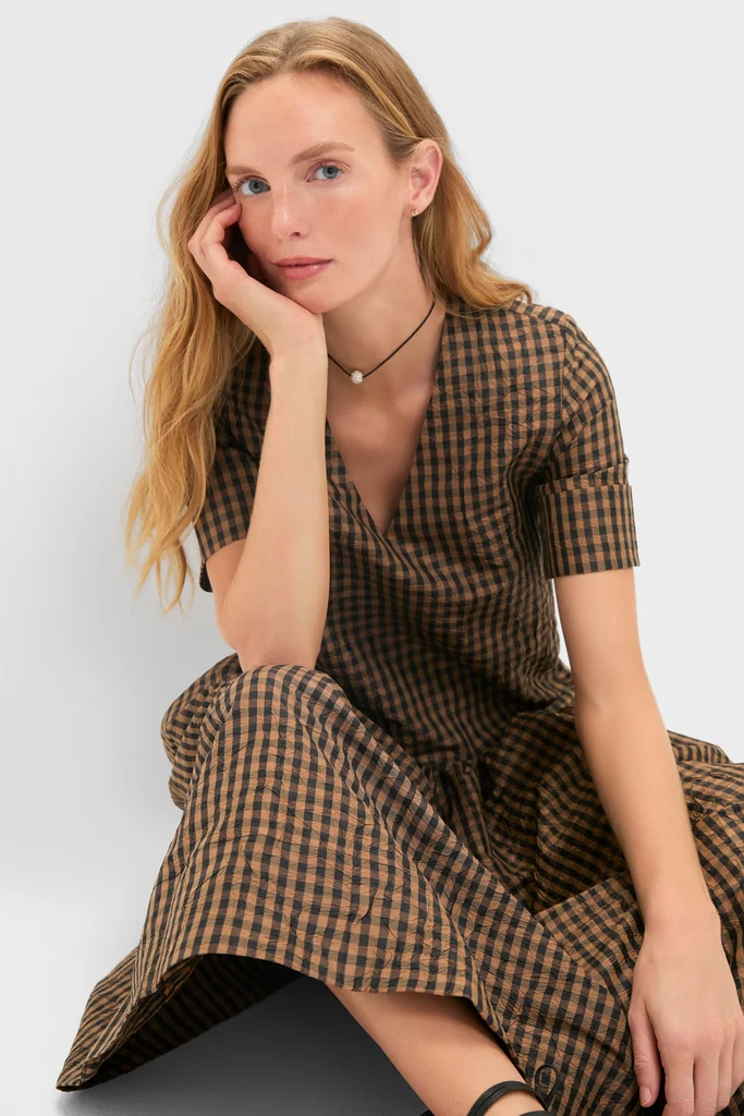 Tobacco Brown Crinkled Taffeta Check Long Dress - Image 5