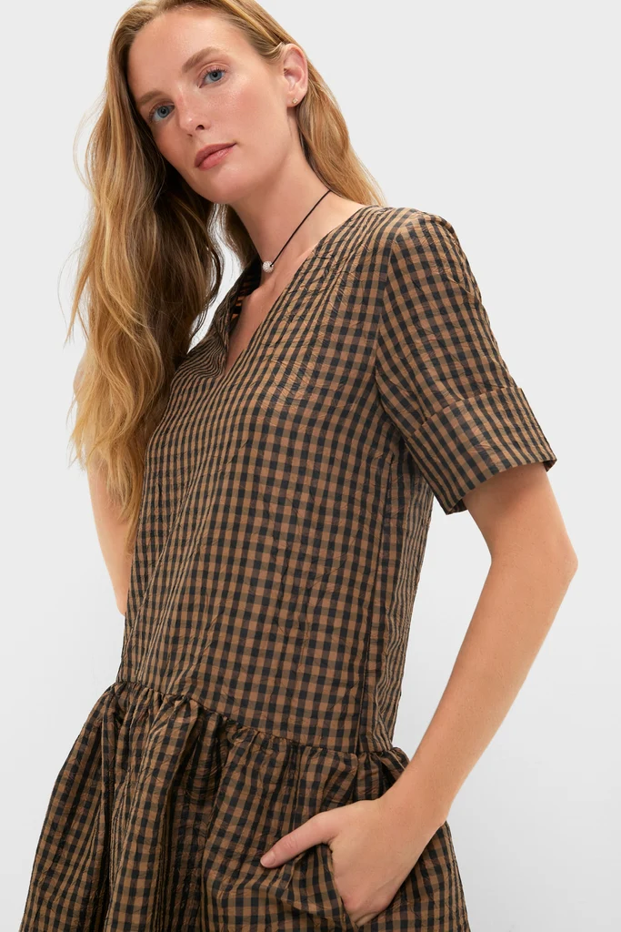 Tobacco Brown Crinkled Taffeta Check Long Dress - Image 6