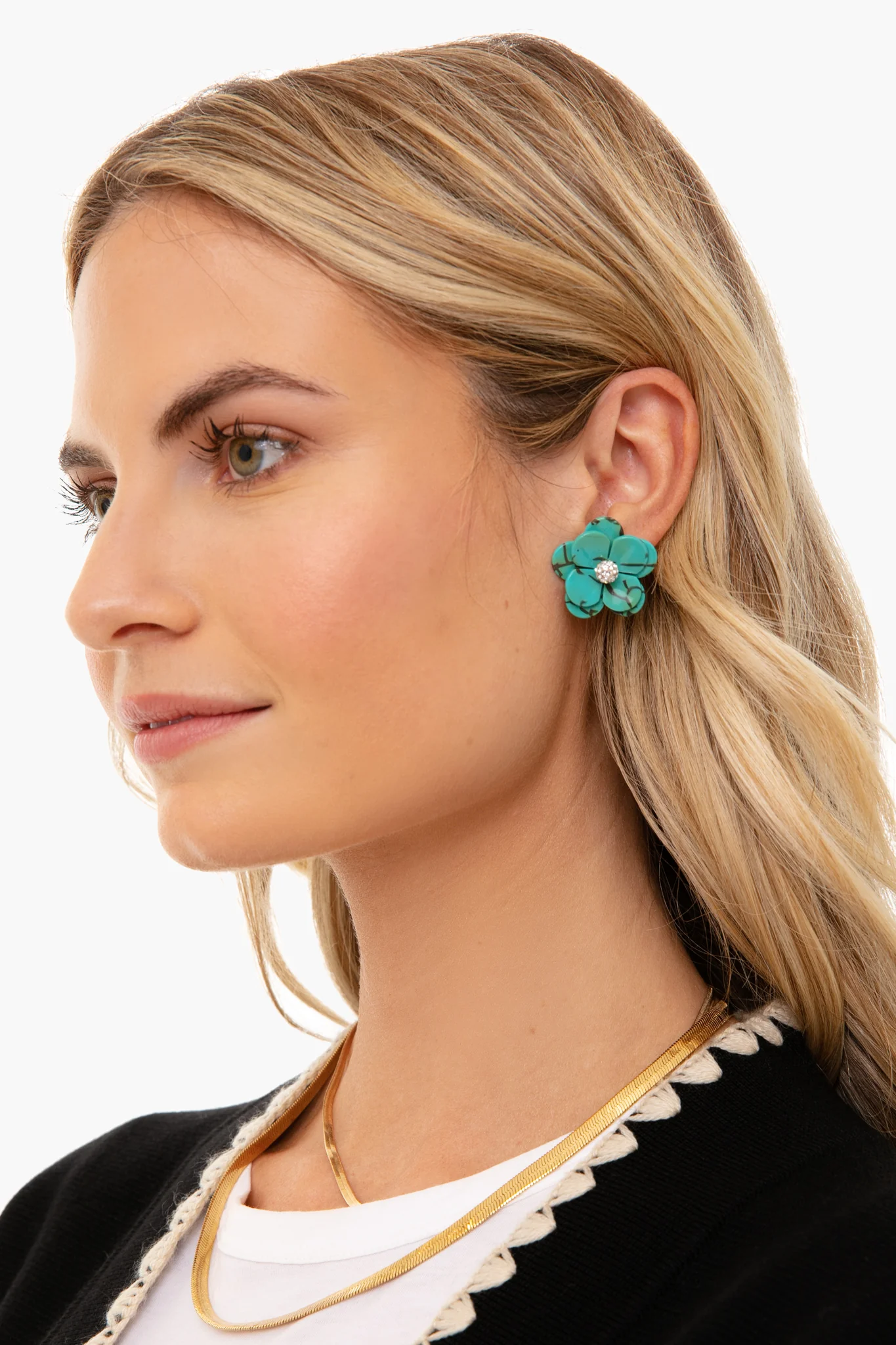 Turquoise Poppy Button Earrings - Image 2