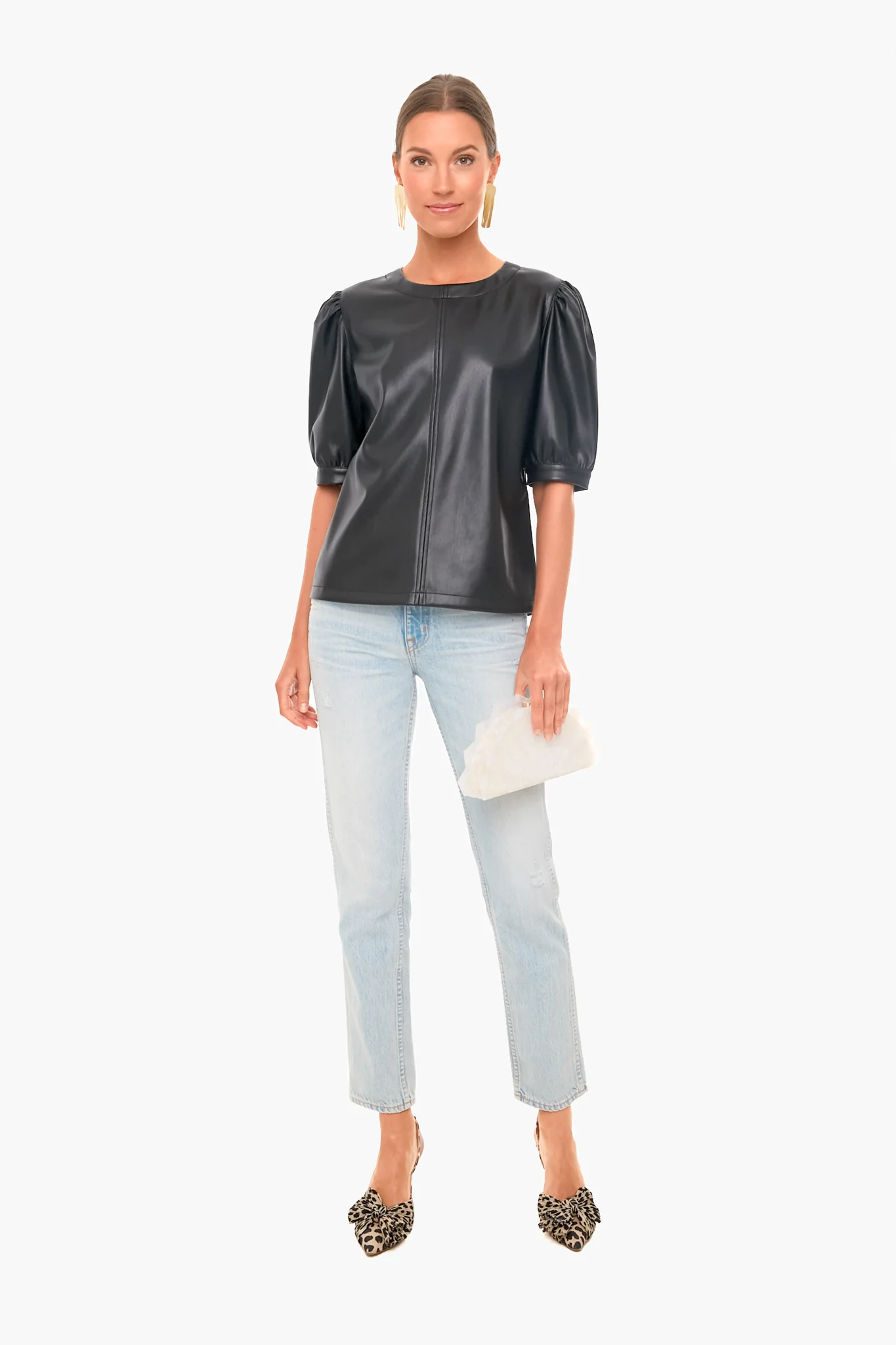Vegan Leather Puff Sleeve Top - Image 2