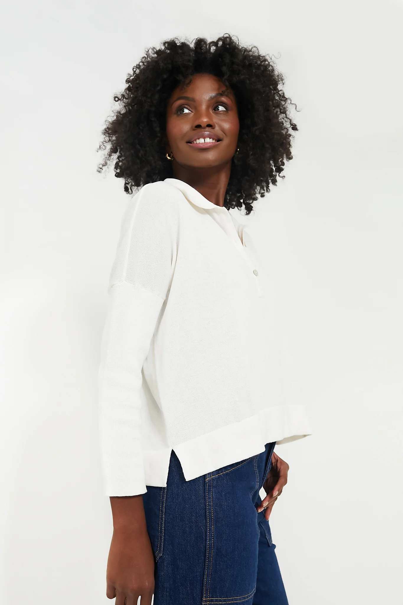 White Clayton Long Sleeve Knit Polo - Image 3