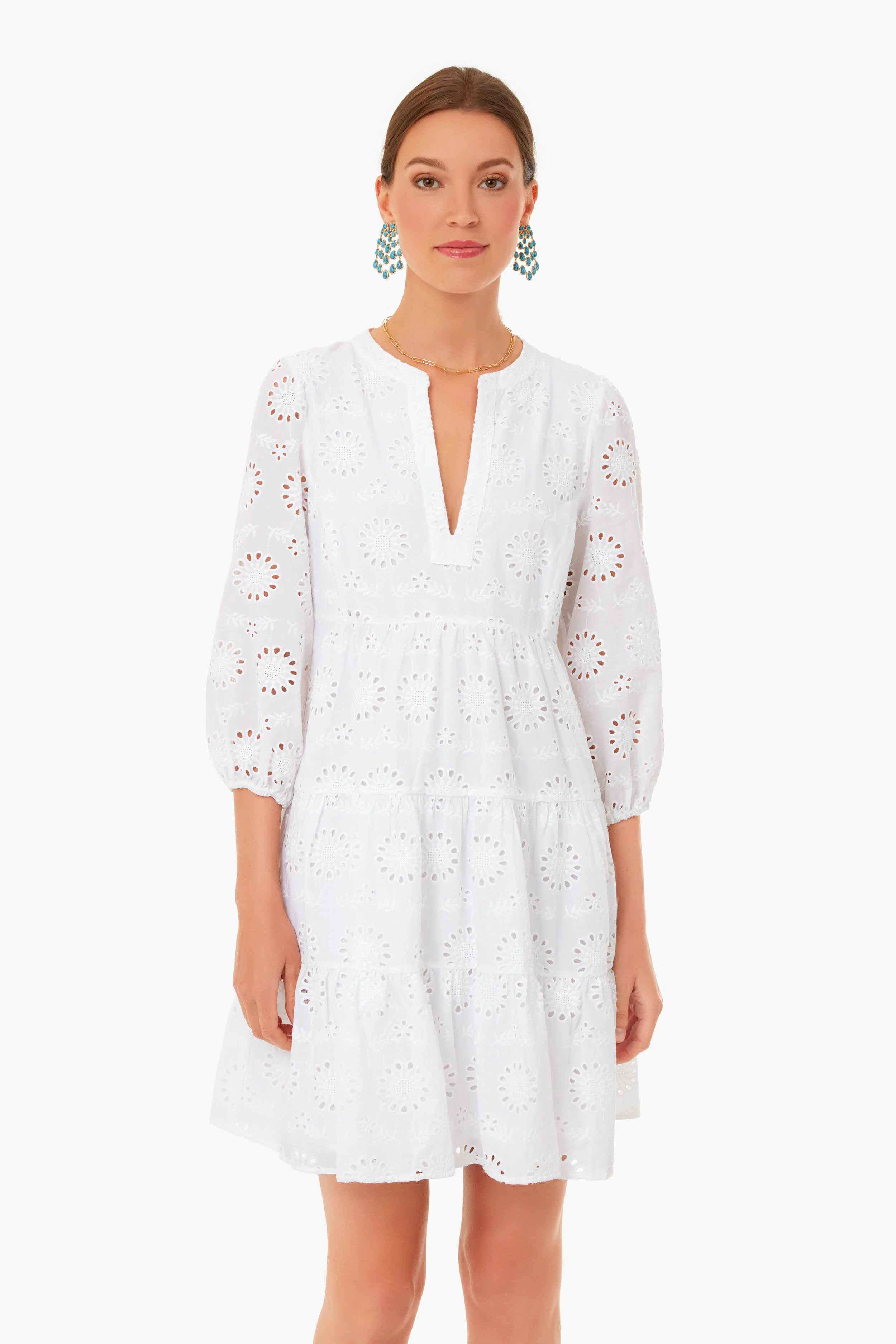 White Eyelet Long Sleeve Tunic Dress - Image 2