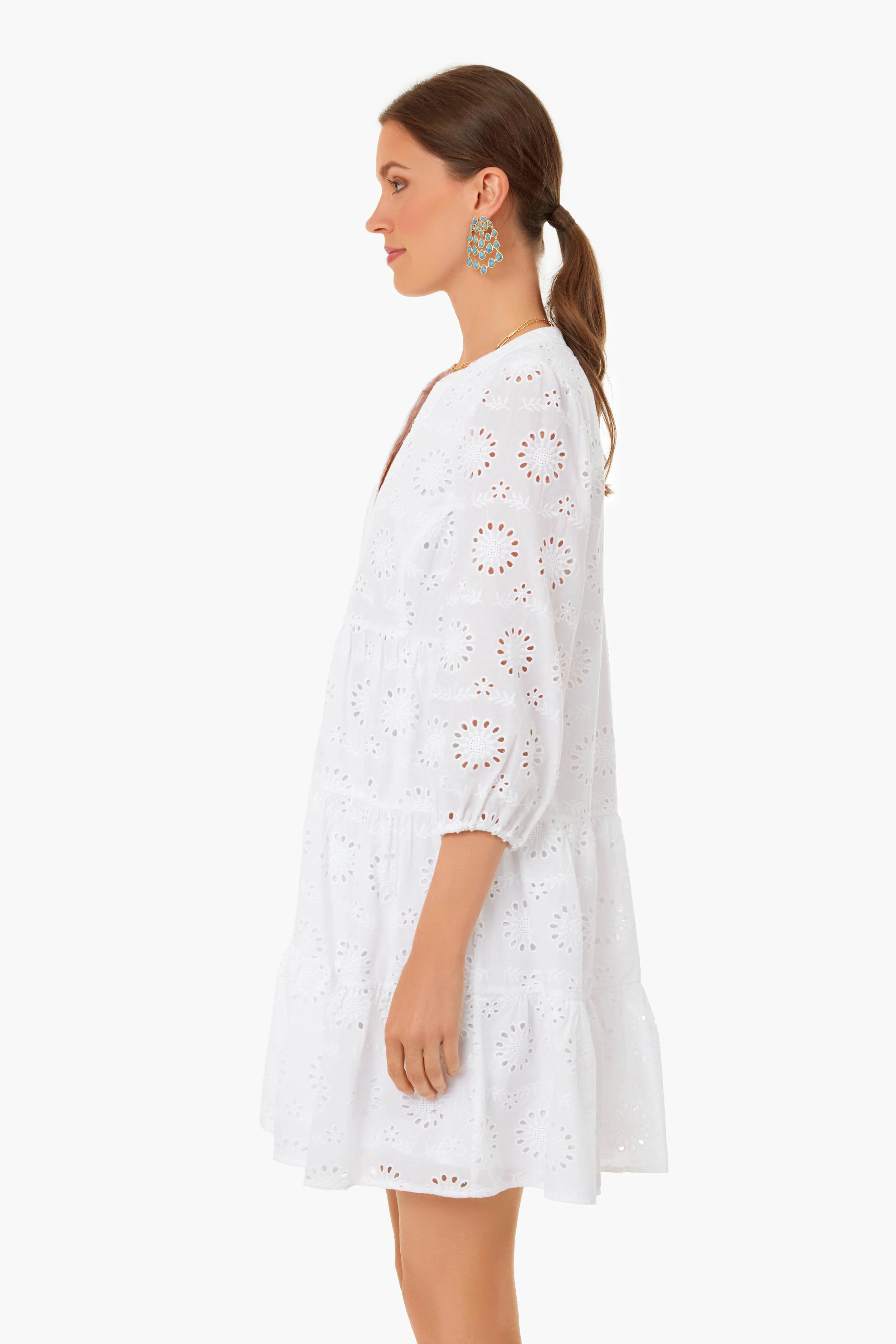 White Eyelet Long Sleeve Tunic Dress - Image 3