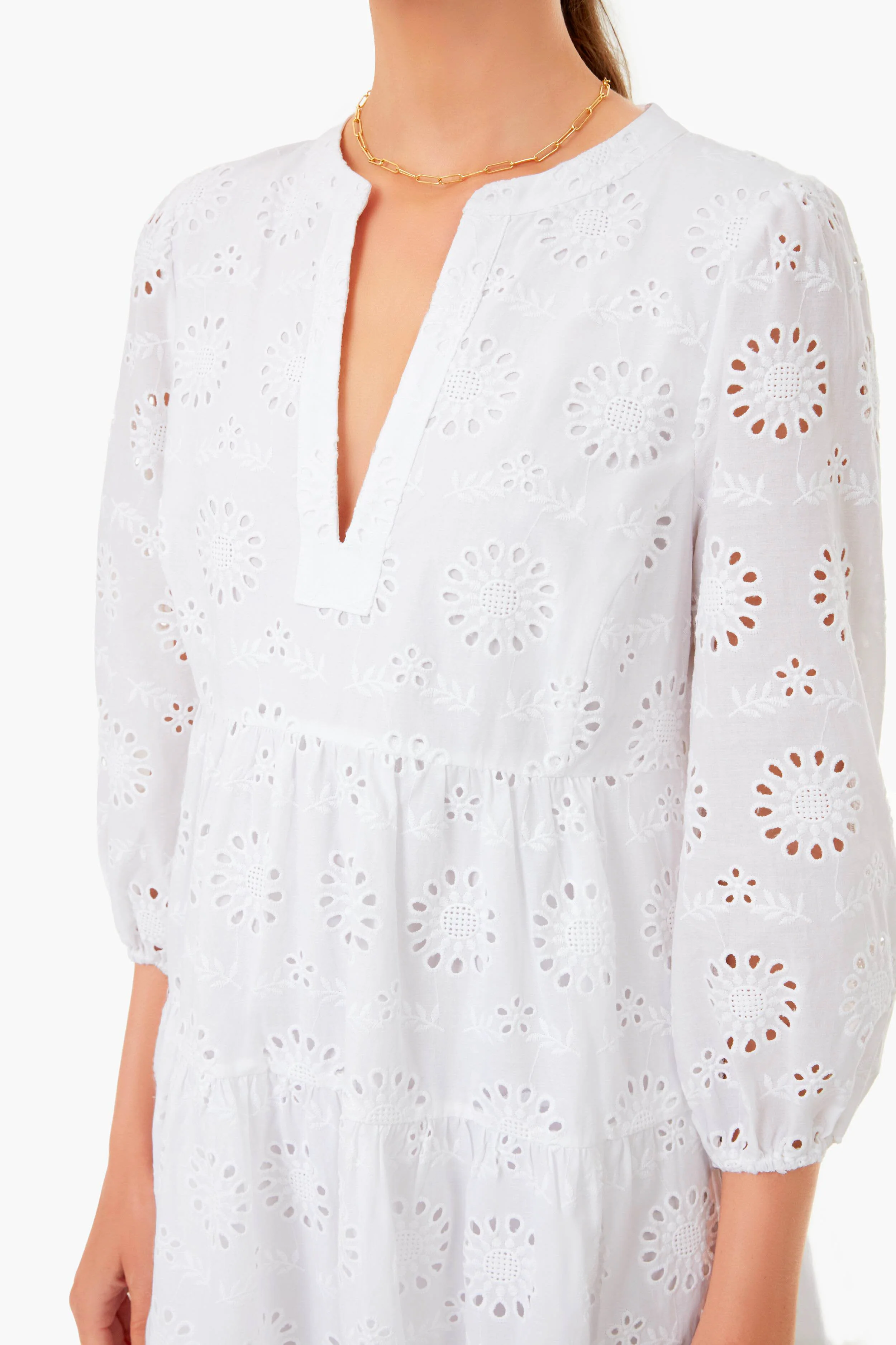 White Eyelet Long Sleeve Tunic Dress - Image 5