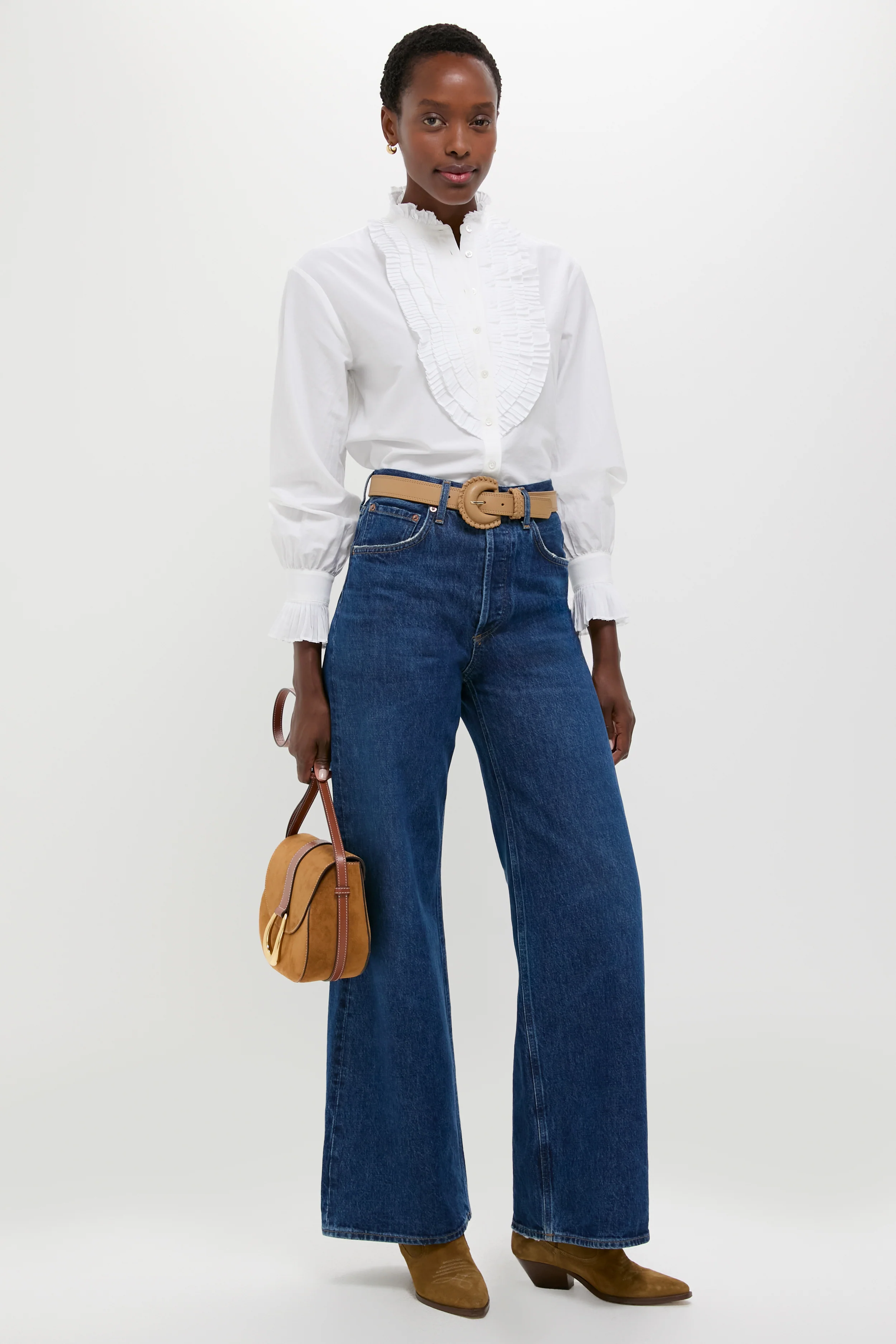 White Long Sleeve Band Collar Blouse - Image 2