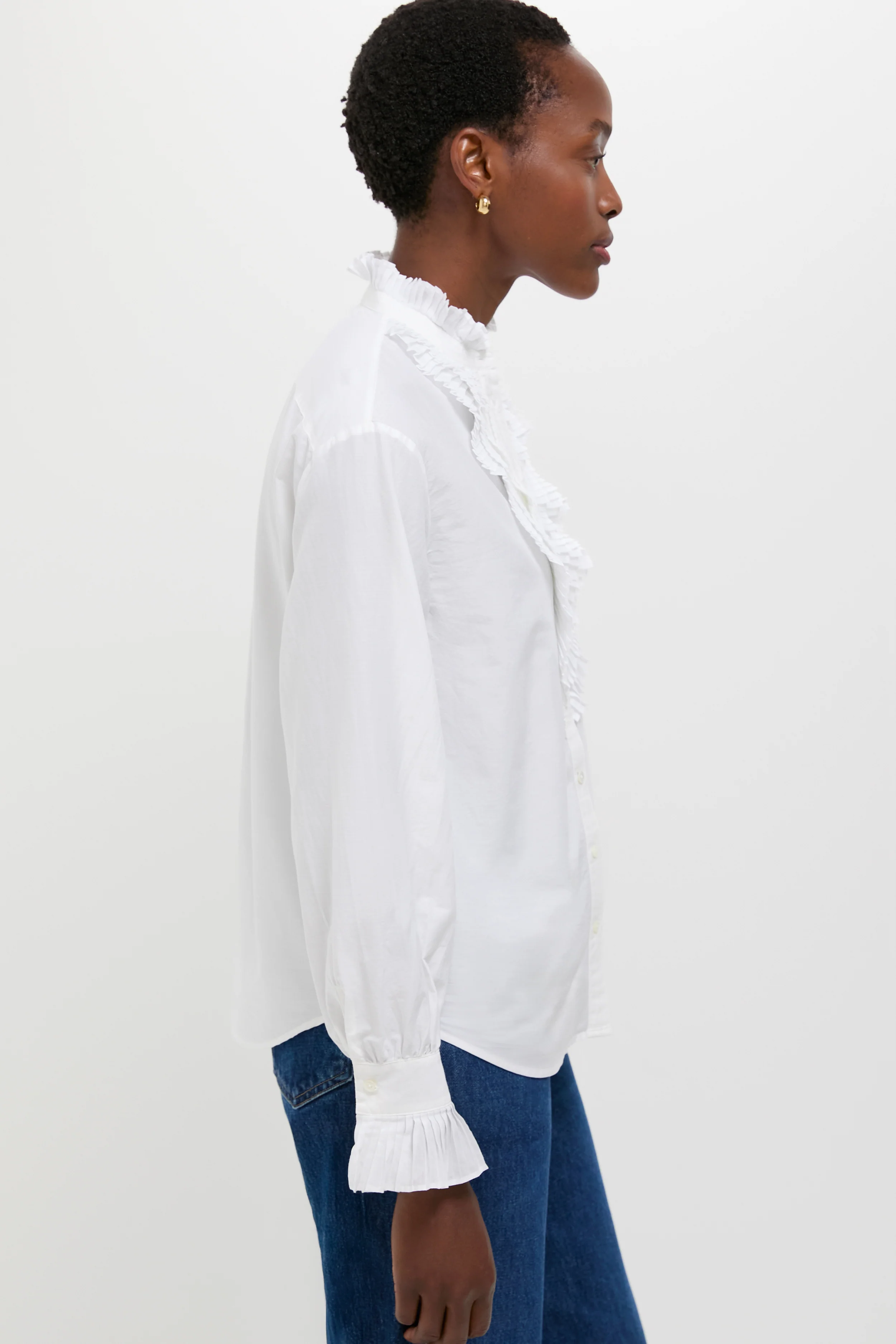 White Long Sleeve Band Collar Blouse - Image 3