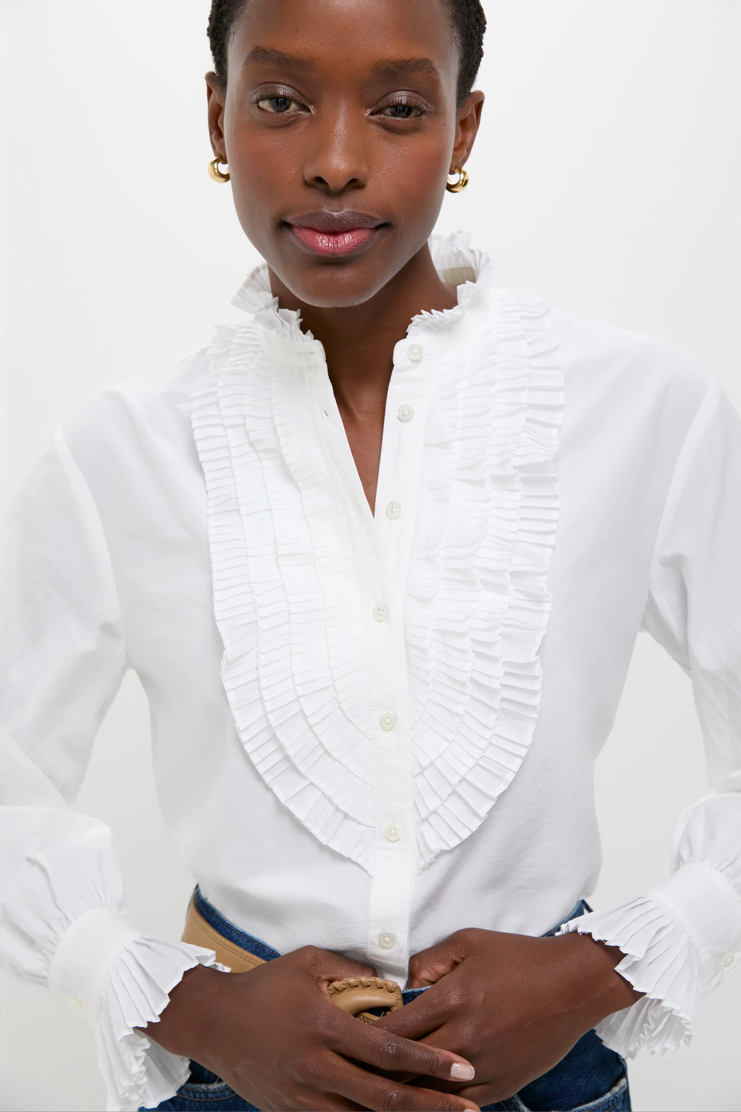 White Long Sleeve Band Collar Blouse - Image 5