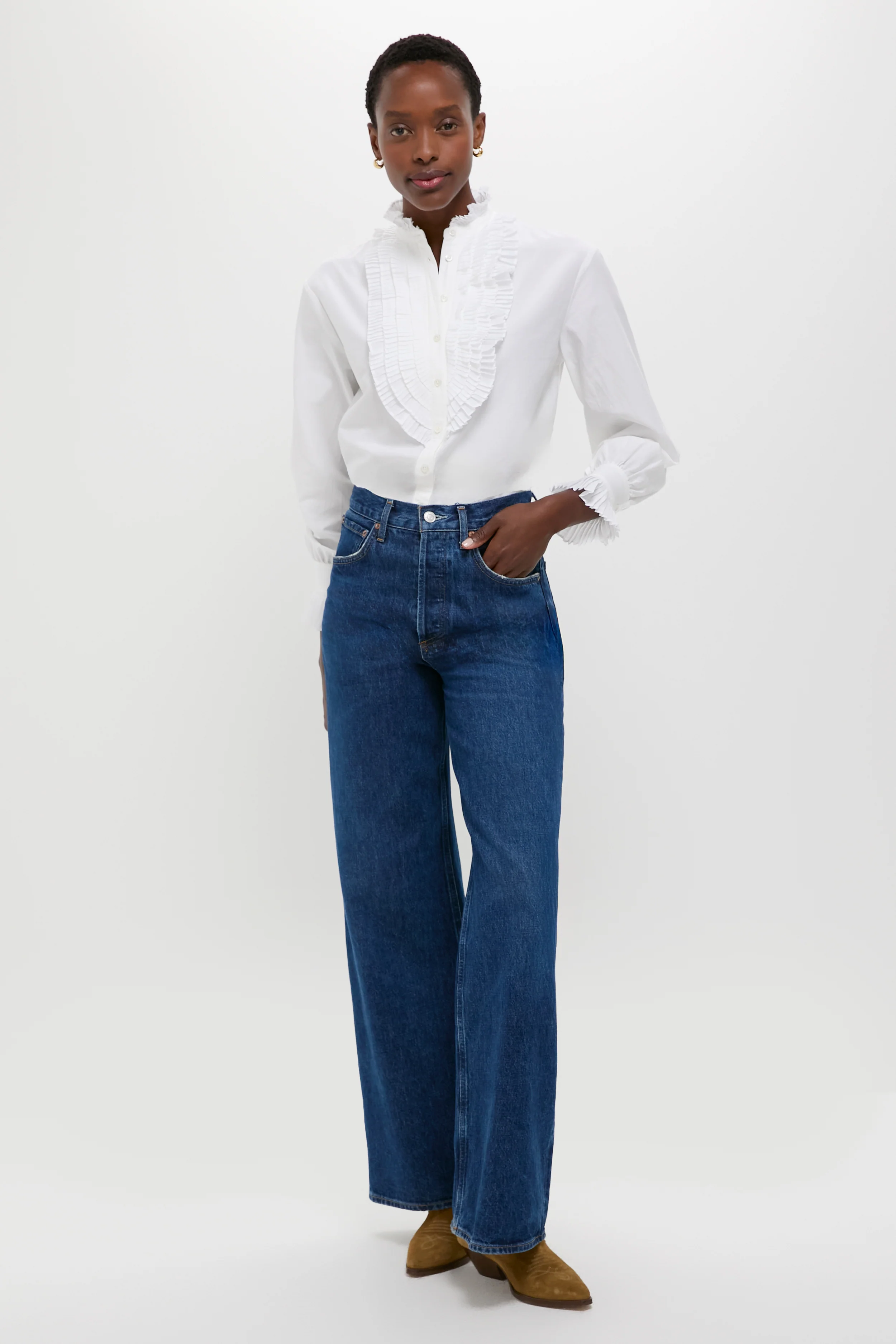 White Long Sleeve Band Collar Blouse - Image 6