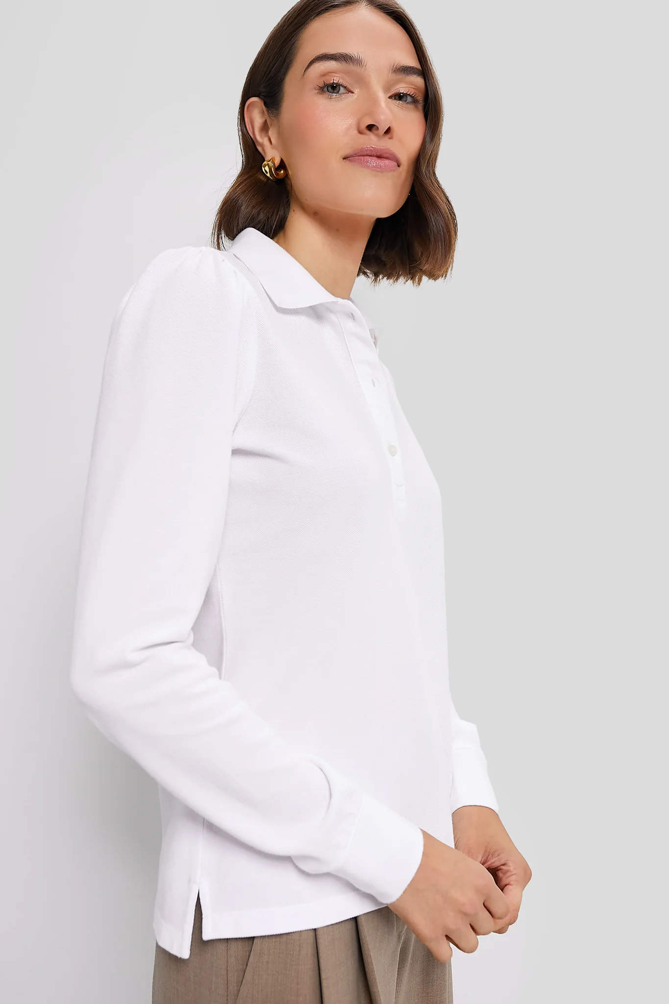 White Long Sleeve Pique Puff Sleeve Peggy Polo - Image 3