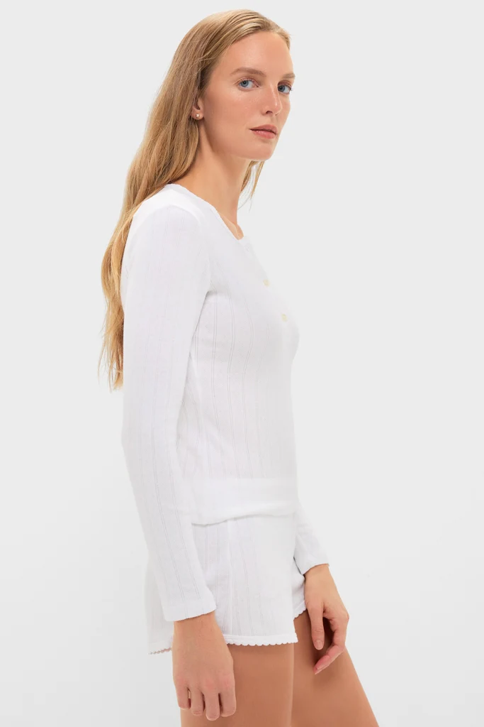 White Pointelle Long Sleeve Henley Tee - Image 3
