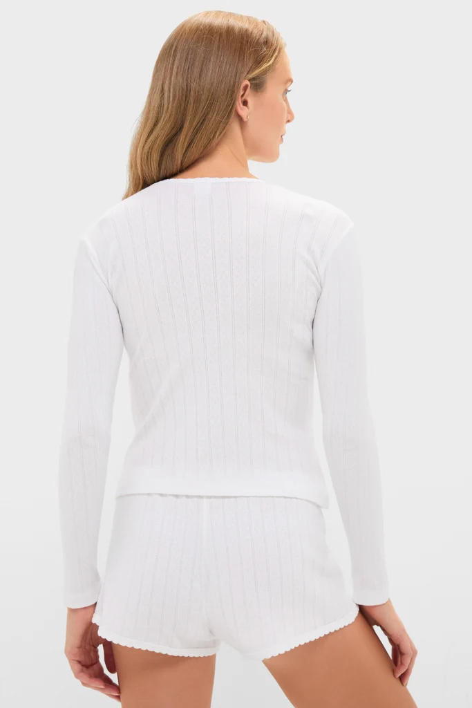 White Pointelle Long Sleeve Henley Tee - Image 4