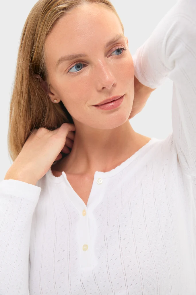 White Pointelle Long Sleeve Henley Tee - Image 5