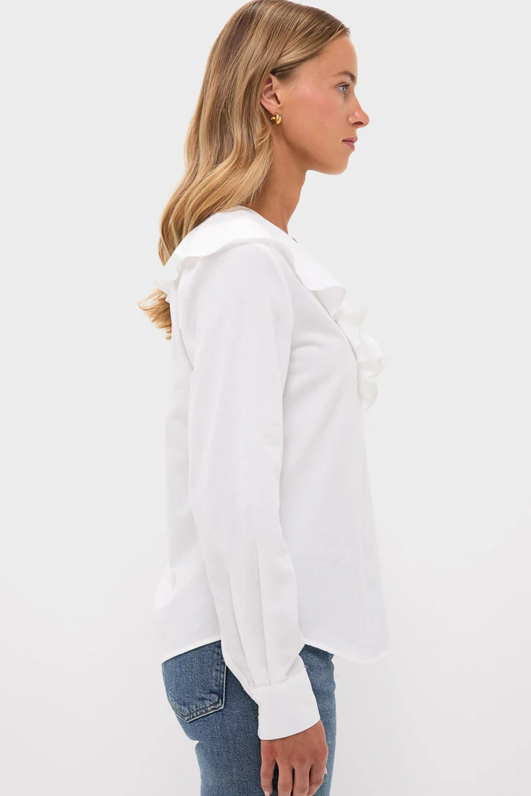 White Cotton Sateen Ruffle Eileen Button Down Shirt - Image 3