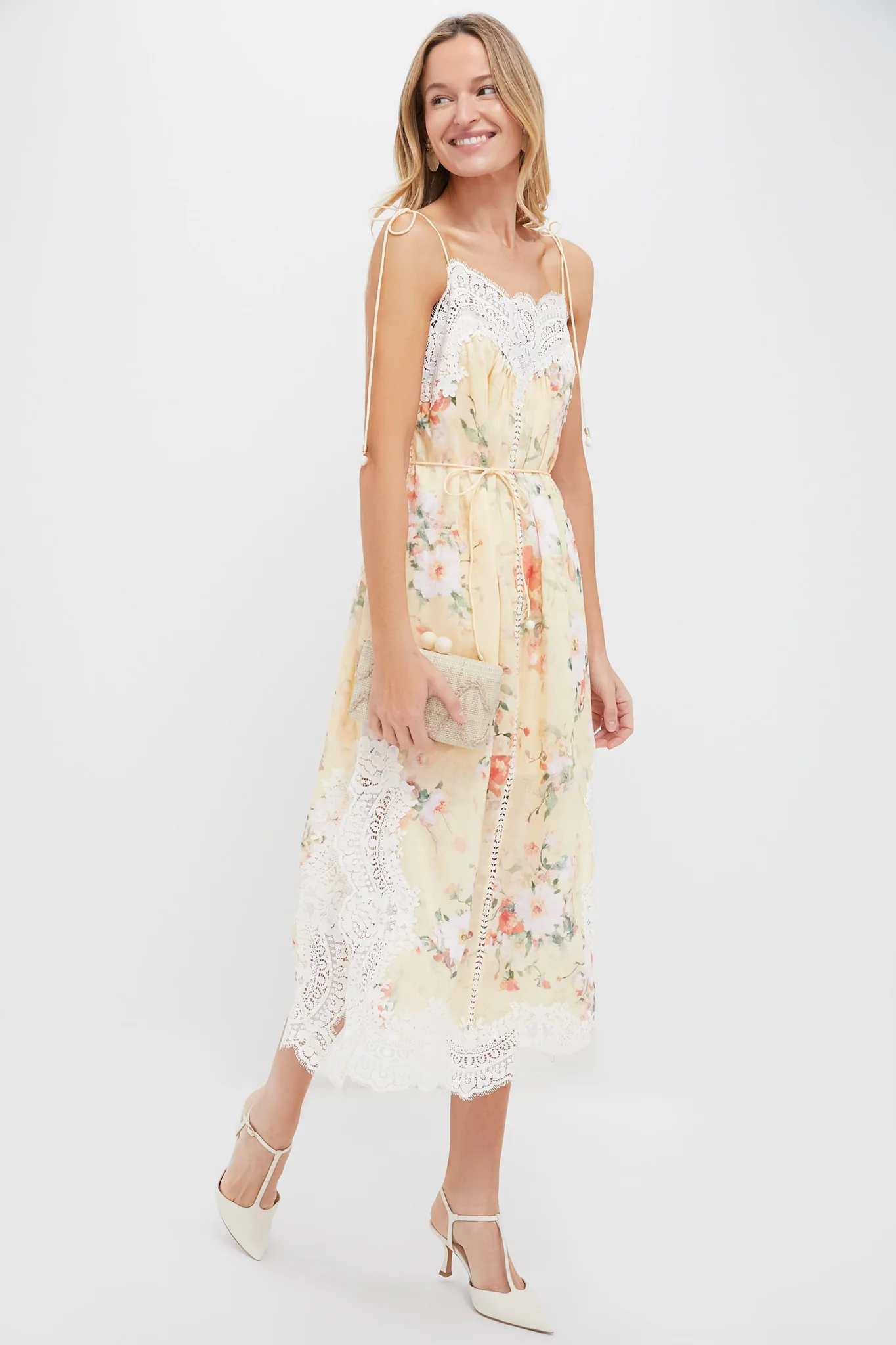 Yellow Watercolour Floral Everley Lace Trim Slip Dress - Image 2